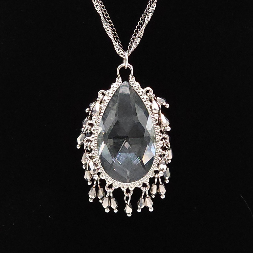 Silver Tone Smoky Crystal Teardrop Pendant Necklace Fringe 32-35in